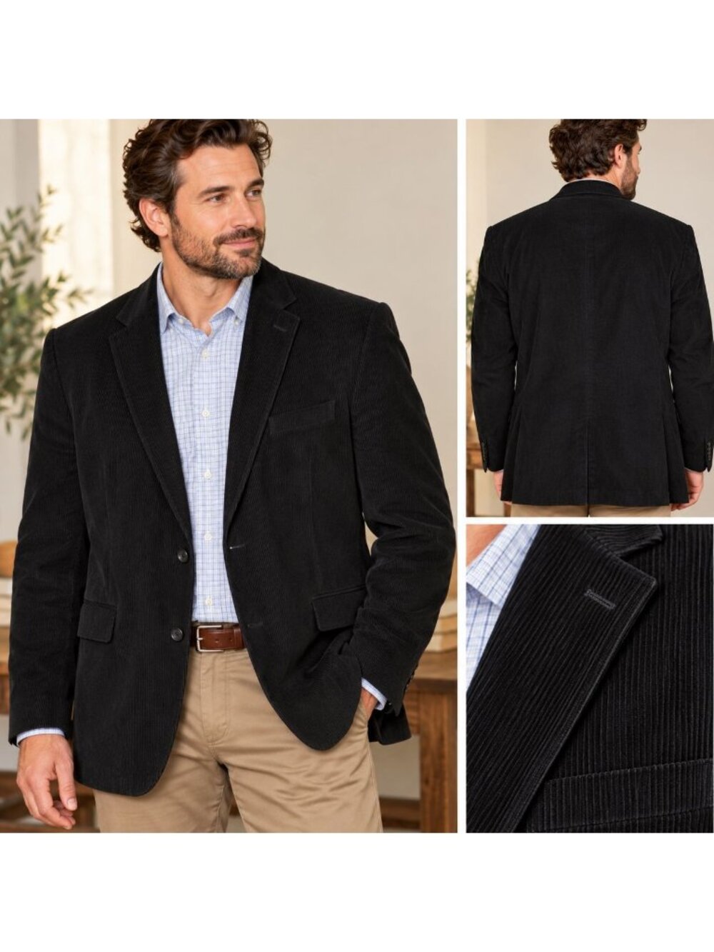 Stafford Mens 50R Black Corduroy Sport Coat Blazer Classic Fit 100% Cotton